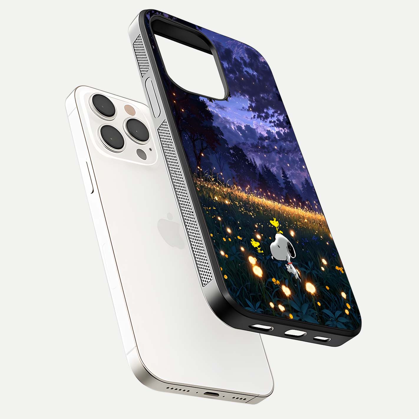 Firefly Meadow Magic Glass Case for iPhone 15 Pro Max floating mockup showing gloss polish and magical night hues