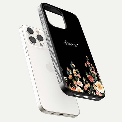 Floral Design Personalized Custom Name Glass Case for iPhone 15 Pro Max floating mockup showing reflection polish and vivid colors