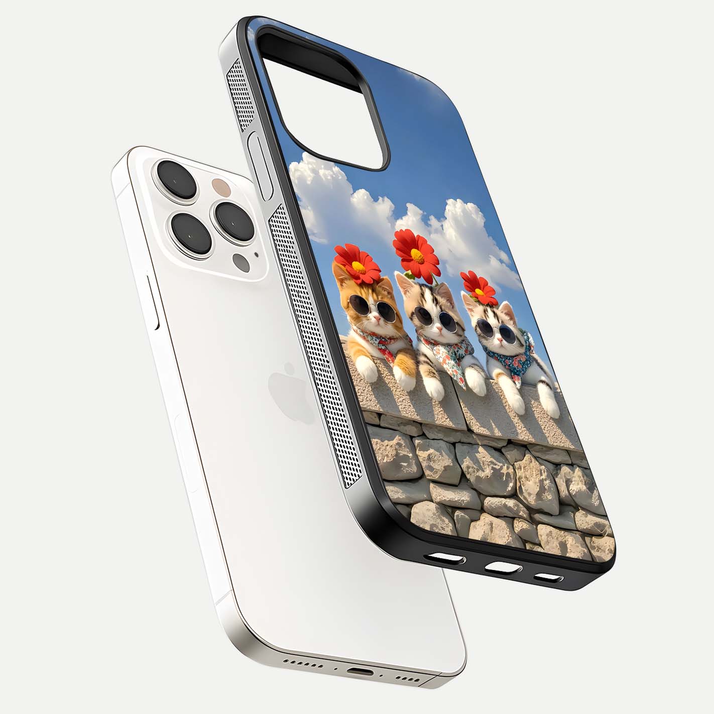 Floral Kitty Squad Glass Case for iPhone 15 Pro Max floating mockup showing gloss texture and playful charm