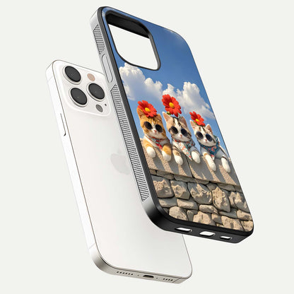 Floral Kitty Squad Glass Case for iPhone 15 Pro Max floating mockup showing gloss texture and playful charm
