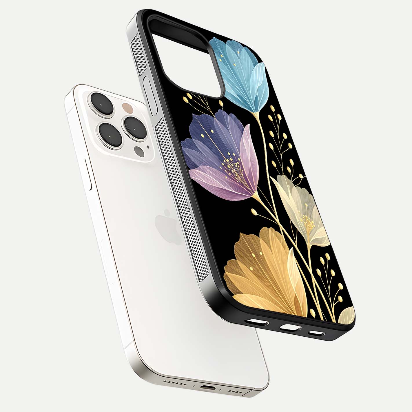 Flower Bloom Glow Glass Case for iPhone 15 Pro Max floating mockup showing HD shine and artistic detail