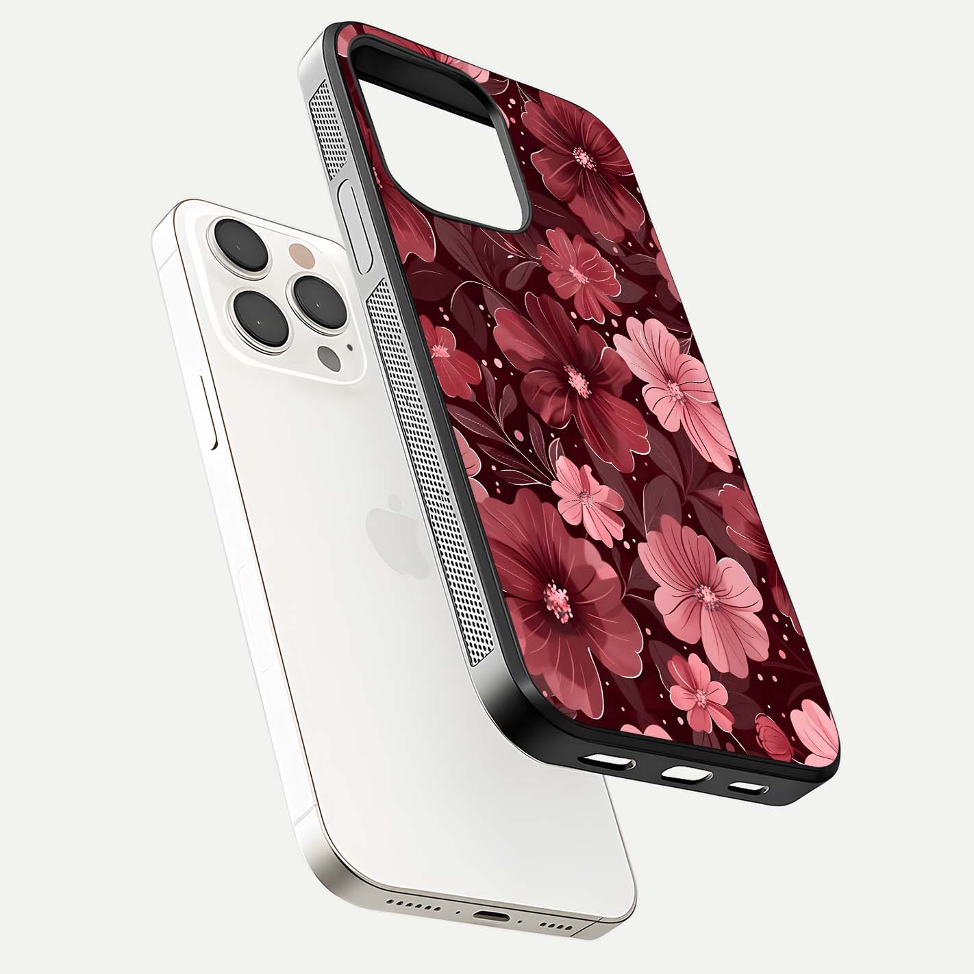 Flower Blush Bloom Glass Case for iPhone 15 Pro Max floating mockup showing shine polish and elegant look