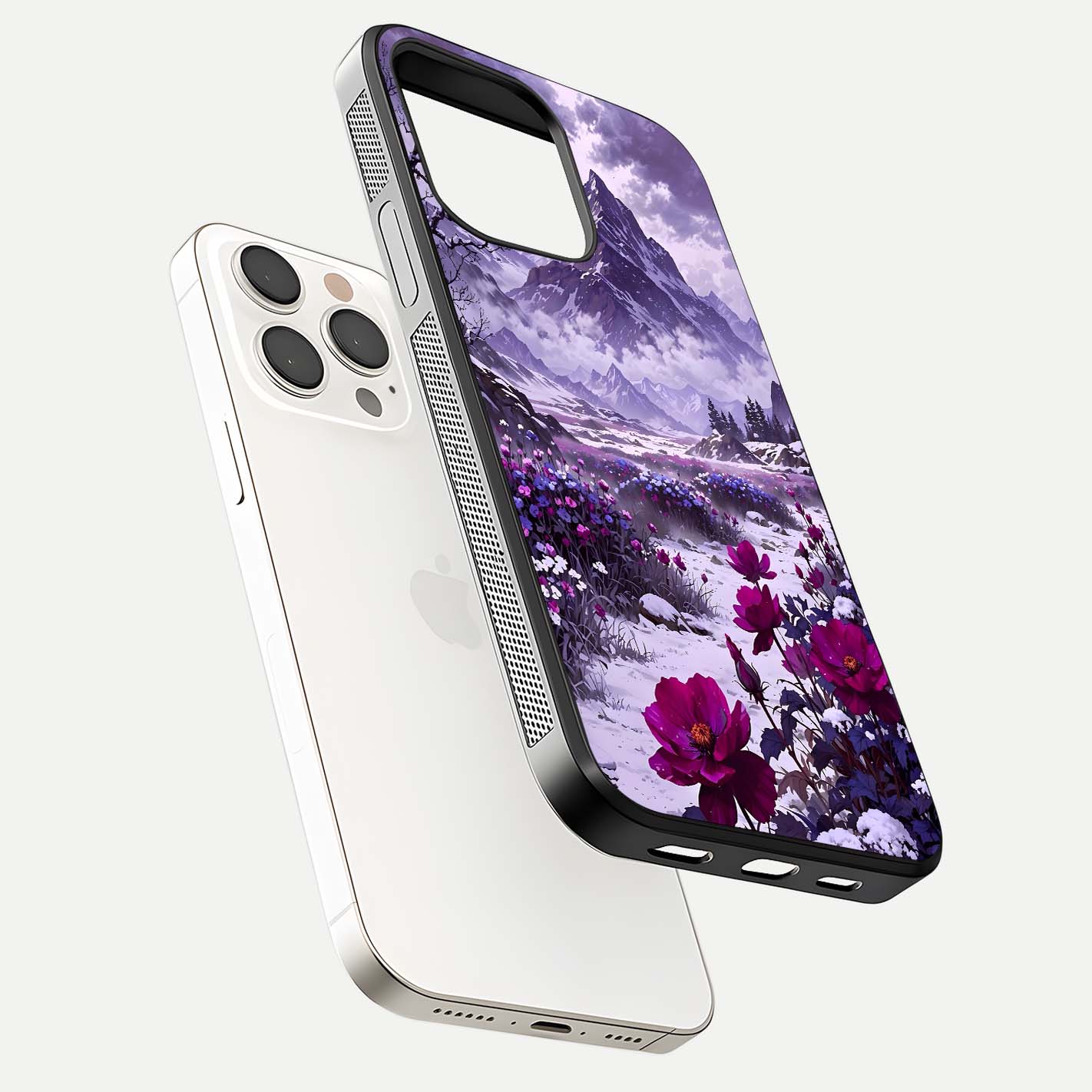Flower Mountain View Glass Case for iPhone 15 Pro Max floating mockup showing reflection glow and artistic clarity