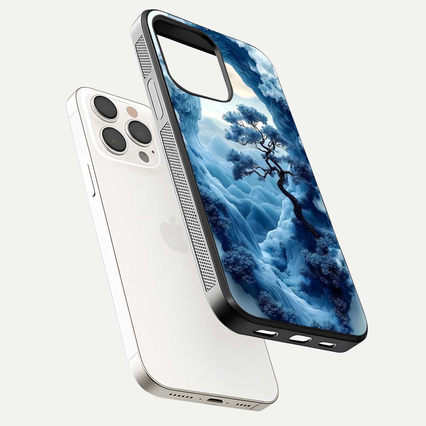 Frozen Serenity Gate Glass Case for iPhone 15 Pro Max floating mockup showing glossy depth and crystal glow