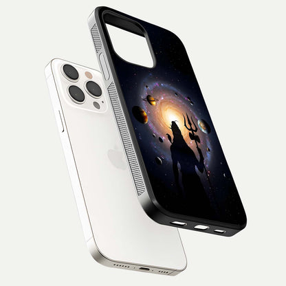 Galactic Shiva Vision Glass Case for iPhone 15 Pro Max floating dual-view mockup displaying vibrant cosmic colors and smooth gloss texture