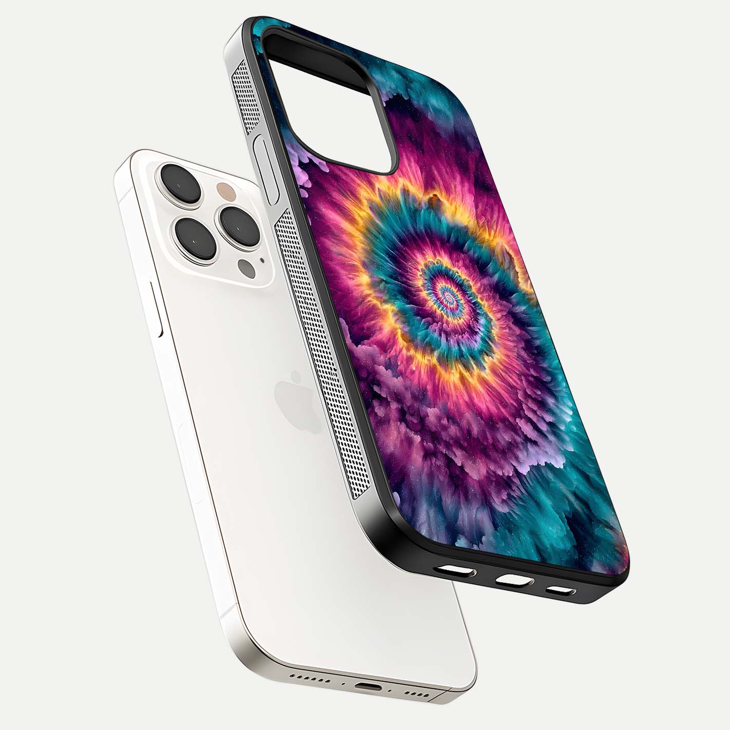 Galactic Spiral Burst Glass Case for iPhone 15 Pro Max floating dual-view mockup displaying light trails and smooth gloss shine