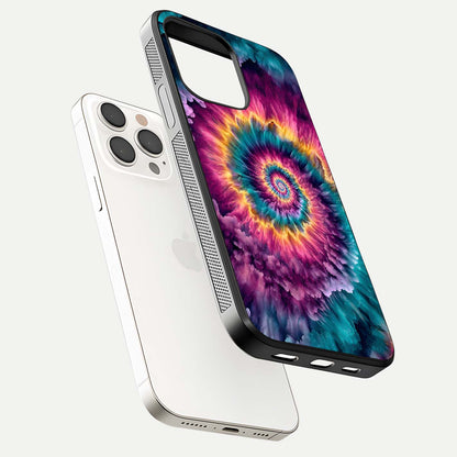Galactic Spiral Burst Glass Case for iPhone 15 Pro Max floating dual-view mockup displaying light trails and smooth gloss shine