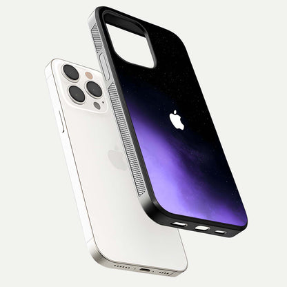 Galaxy Apple Aura Glass Case for iPhone 15 Pro Max floating dual-view mockup highlighting HD gloss and deep space color blend