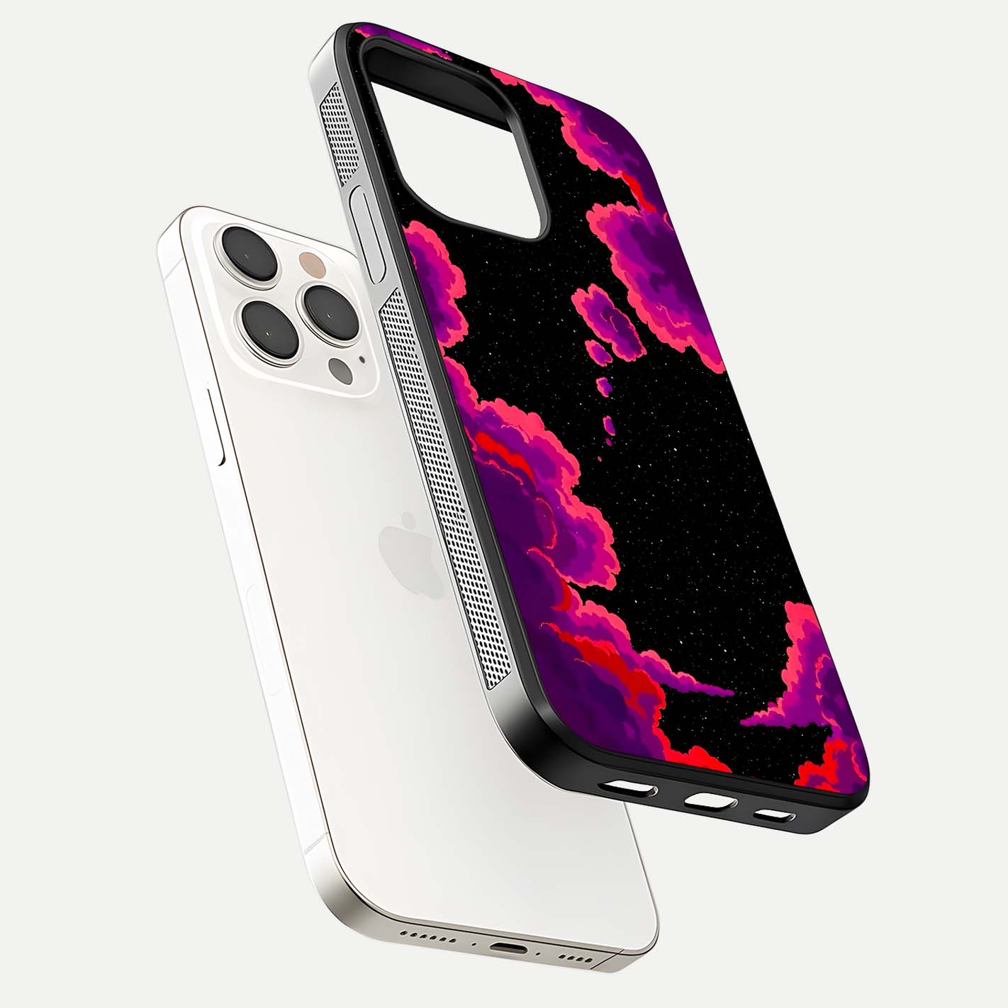 Galaxy Dream Frame Glass Case for iPhone 15 Pro Max floating dual-view mockup showing vibrant gloss and space-themed tones