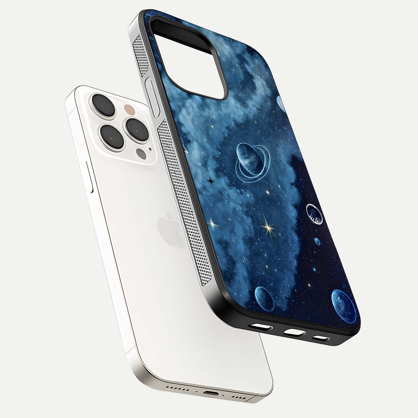 Galaxy Dream Space Glass Case for iPhone 15 Pro Max floating dual-view mockup showing glossy finish and celestial depth
