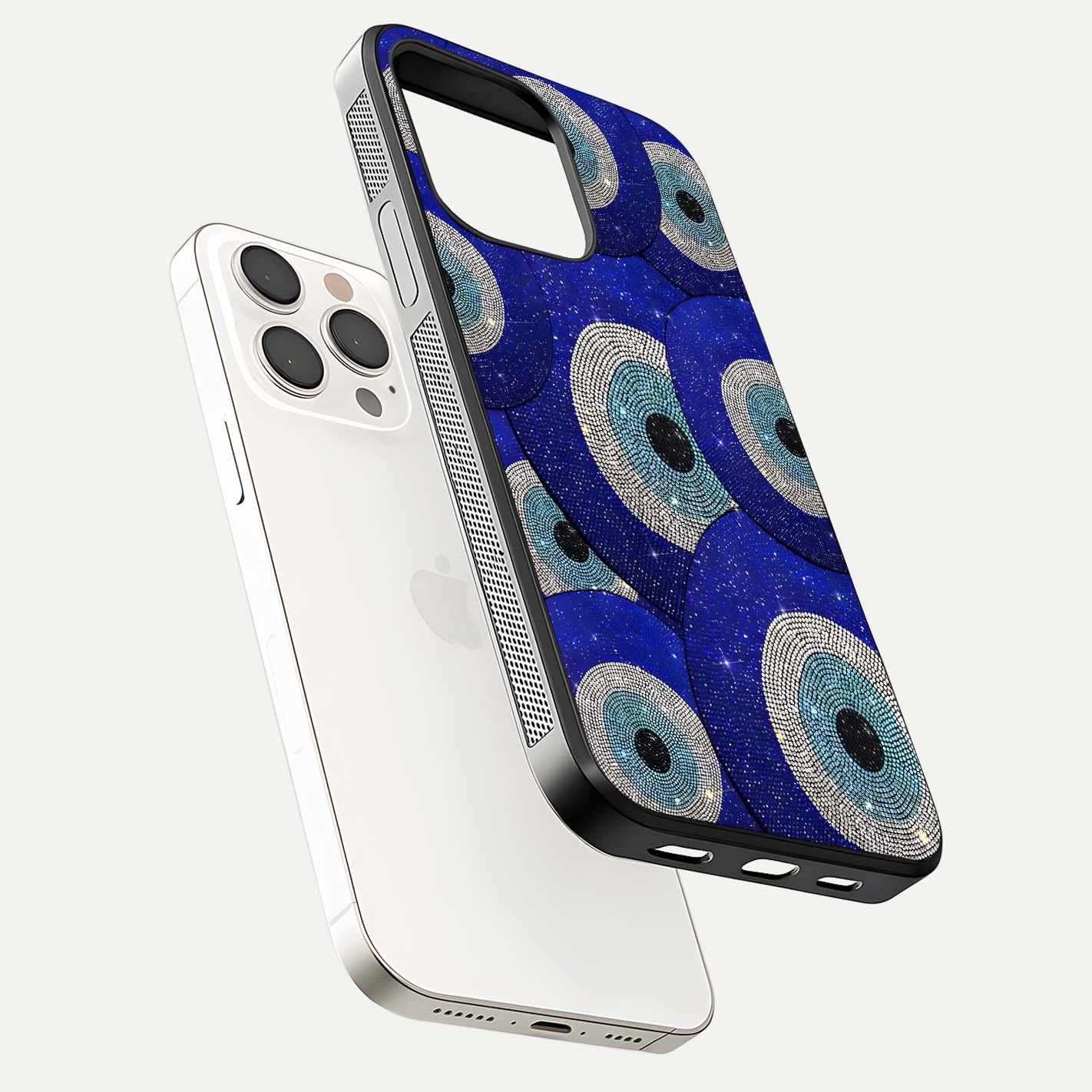 Galaxy Eye Flow Glass Case for iPhone 15 Pro Max floating dual-view mockup showing gloss polish and glowing tones