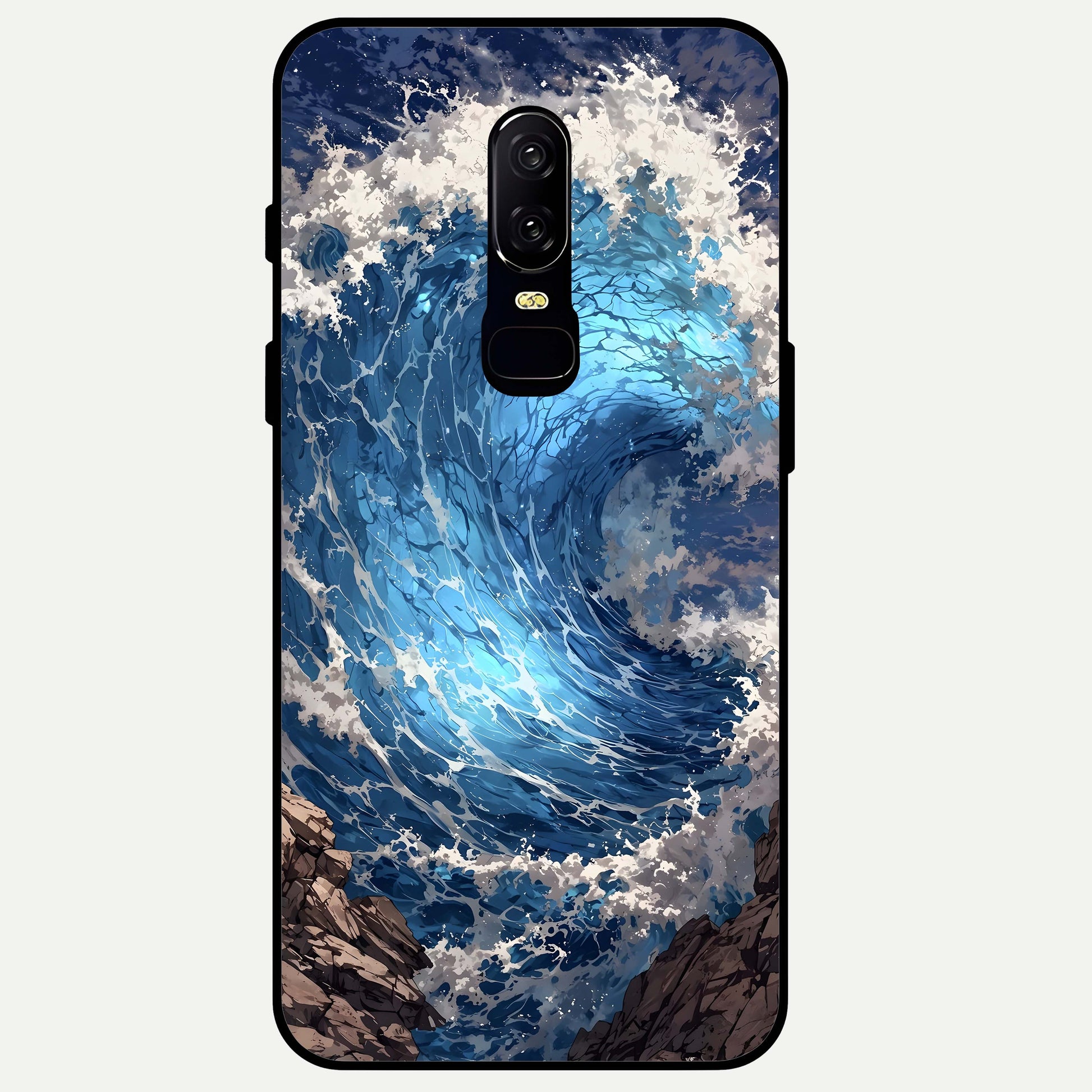 Giant Ocean Wave Glass Case captured at a warm angle highlighting ocean motion, gloss, and edge clarity.