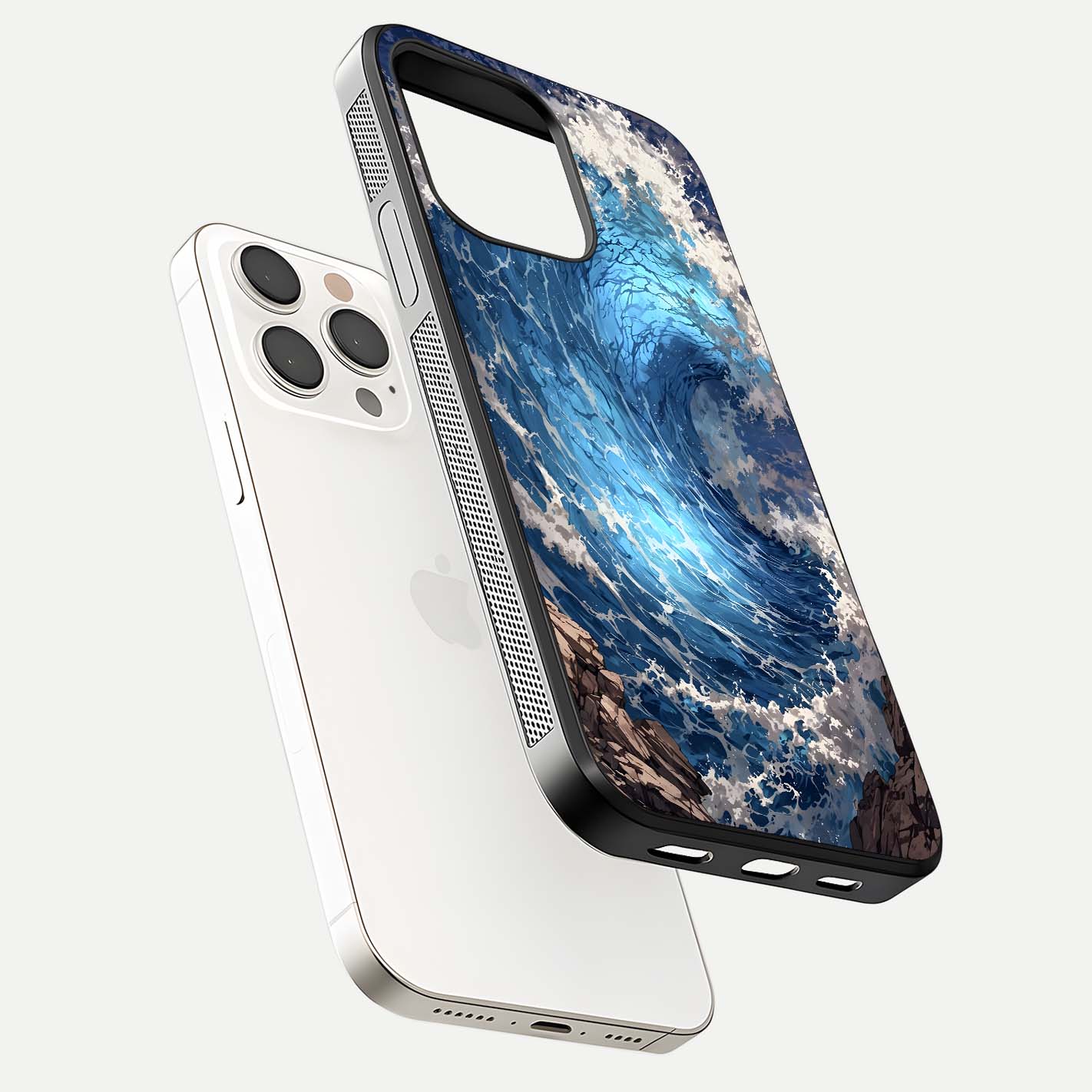 Giant Ocean Wave Glass Case for iPhone 15 Pro Max floating dual-view mockup showing glossy depth and aquatic blue gradient
