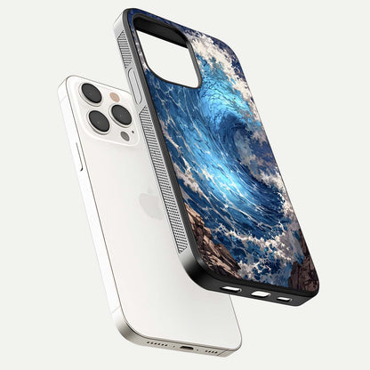 Giant Ocean Wave Glass Case for iPhone 15 Pro Max floating dual-view mockup showing glossy depth and aquatic blue gradient