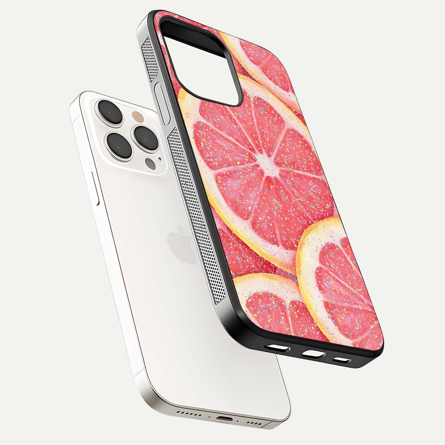 Glitter Grapefruit Glass Case for iPhone 15 Pro Max floating dual-view mockup showing HD gloss and fresh color detail