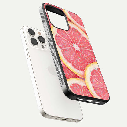 Glitter Grapefruit Glass Case for iPhone 15 Pro Max floating dual-view mockup showing HD gloss and fresh color detail