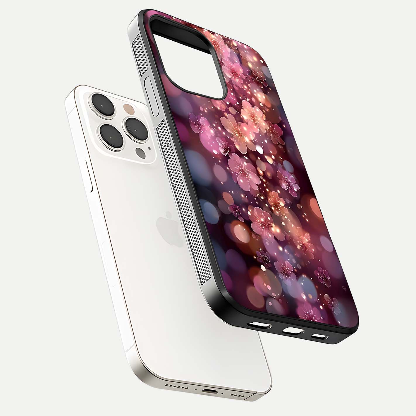 Glowing Petal Bliss Glass Case for iPhone 15 Pro Max floating dual-view mockup showing gloss brightness and delicate tone