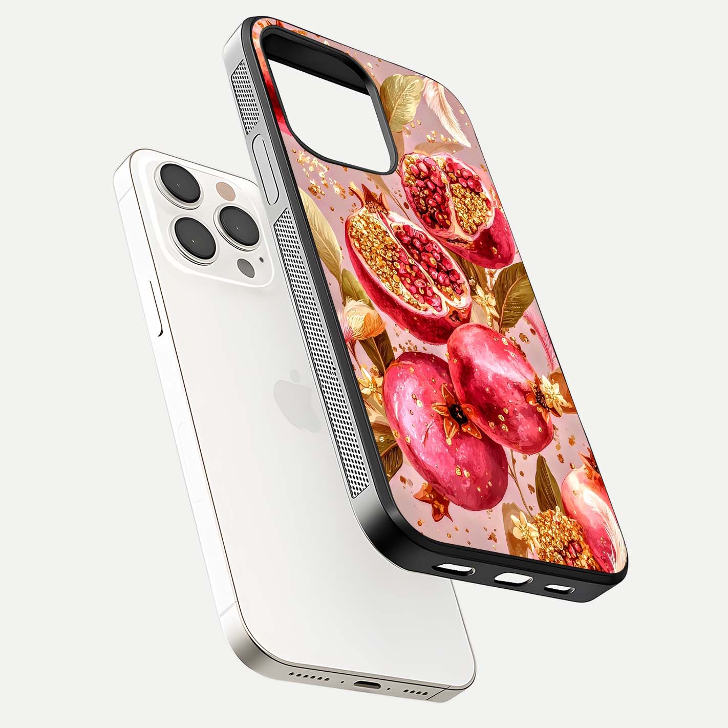 Golden Bloom Glow Glass Case for iPhone 15 Pro Max floating dual-view mockup showing glossy shine and golden shimmer