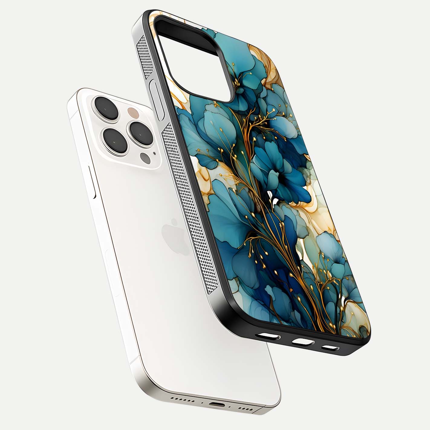 Golden Bloom Symphony Glass Case for iPhone 15 Pro Max floating dual-view mockup displaying shine texture and luxury pattern