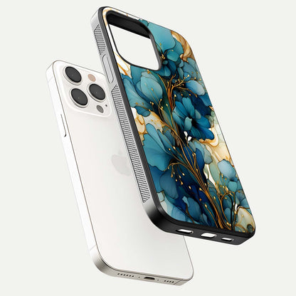 Golden Bloom Symphony Glass Case for iPhone 15 Pro Max floating dual-view mockup displaying shine texture and luxury pattern