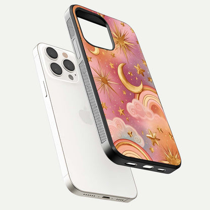 Golden Celestial Dreams Glass Case for iPhone 15 Pro Max floating dual-view mockup showing gloss surface and dream-like glow