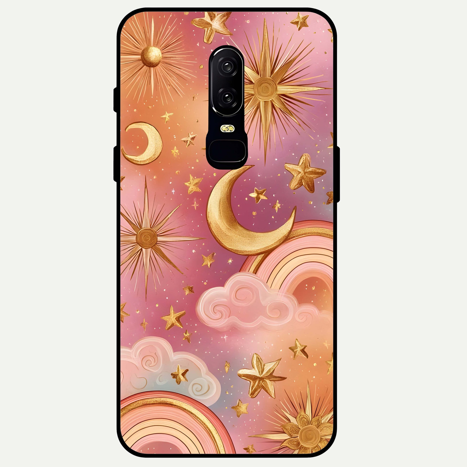 Golden Celestial Dreams Glass Case captured at a warm angle highlighting cosmic gold accents, gloss, and edge clarity.