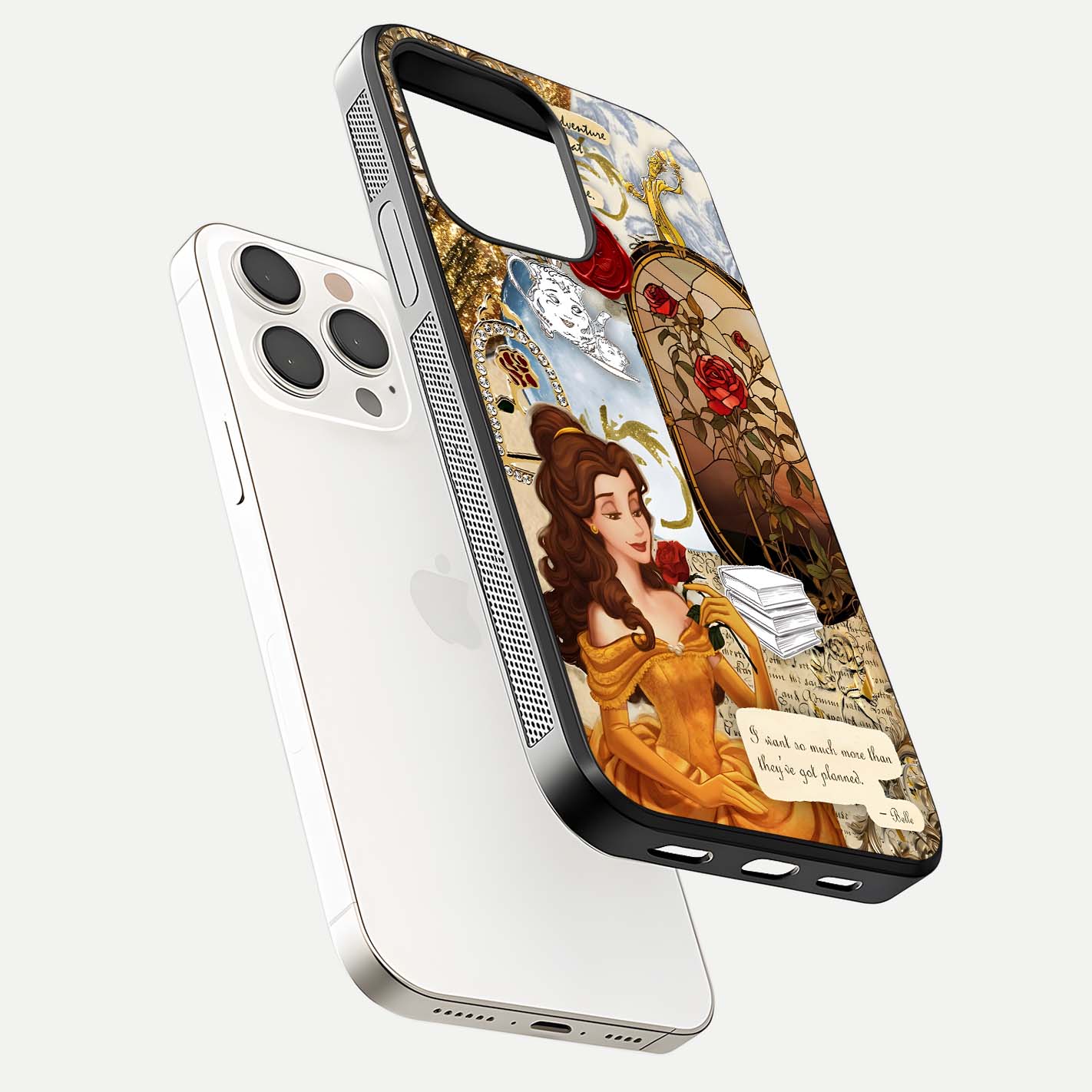 Golden Dream Belle Glass Case for iPhone 15 Pro Max floating dual-view mockup highlighting gloss texture and elegant shimmer
