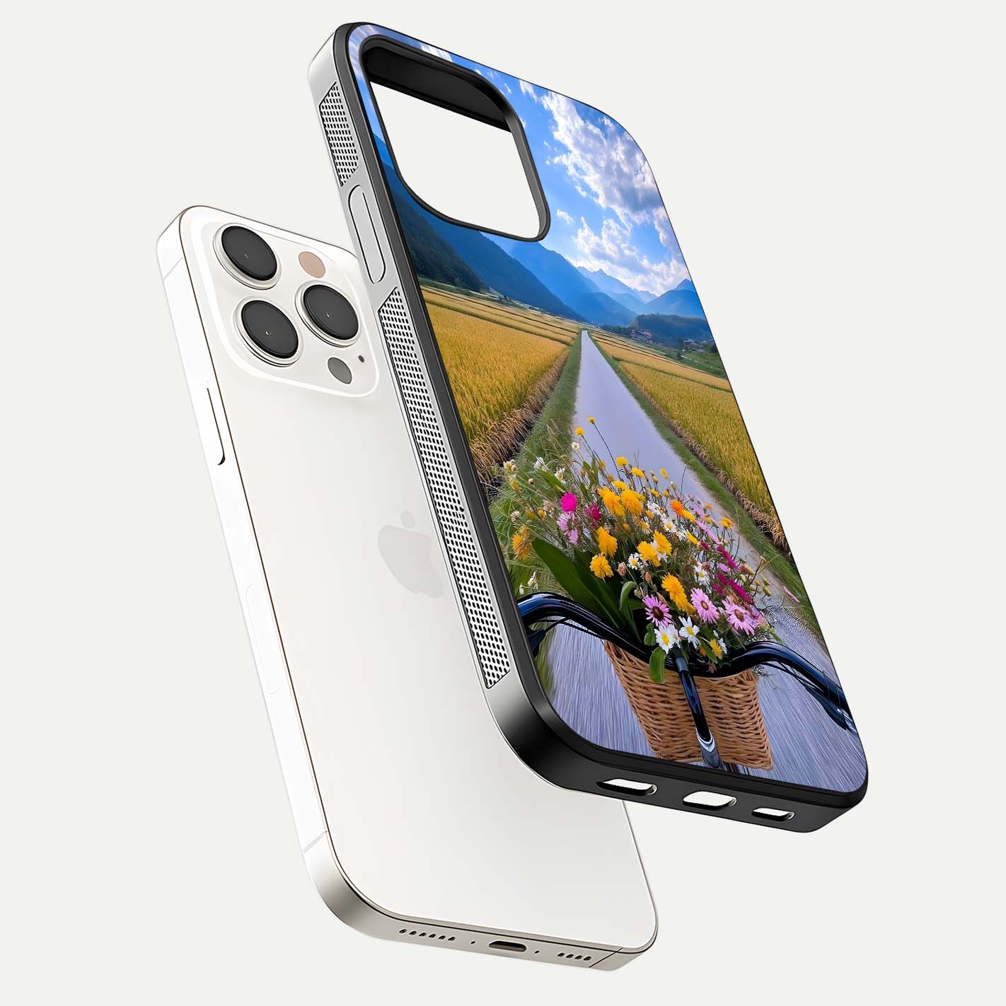 Golden Field Journey Glass Case for iPhone 15 Pro Max floating dual-view mockup showing gloss surface and field depth