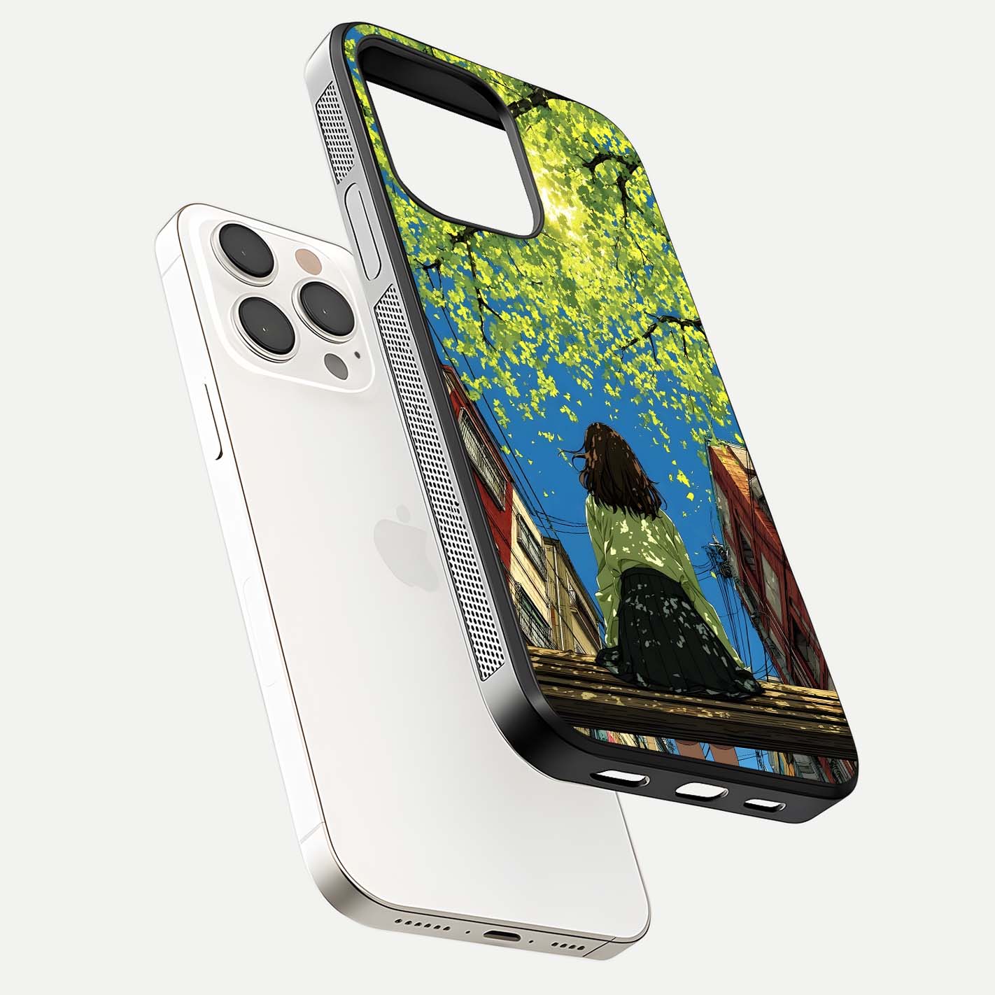 Golden Leaves Glow Glass Case for iPhone 15 Pro Max floating dual-view mockup showing gloss depth and gold-leaf detail
