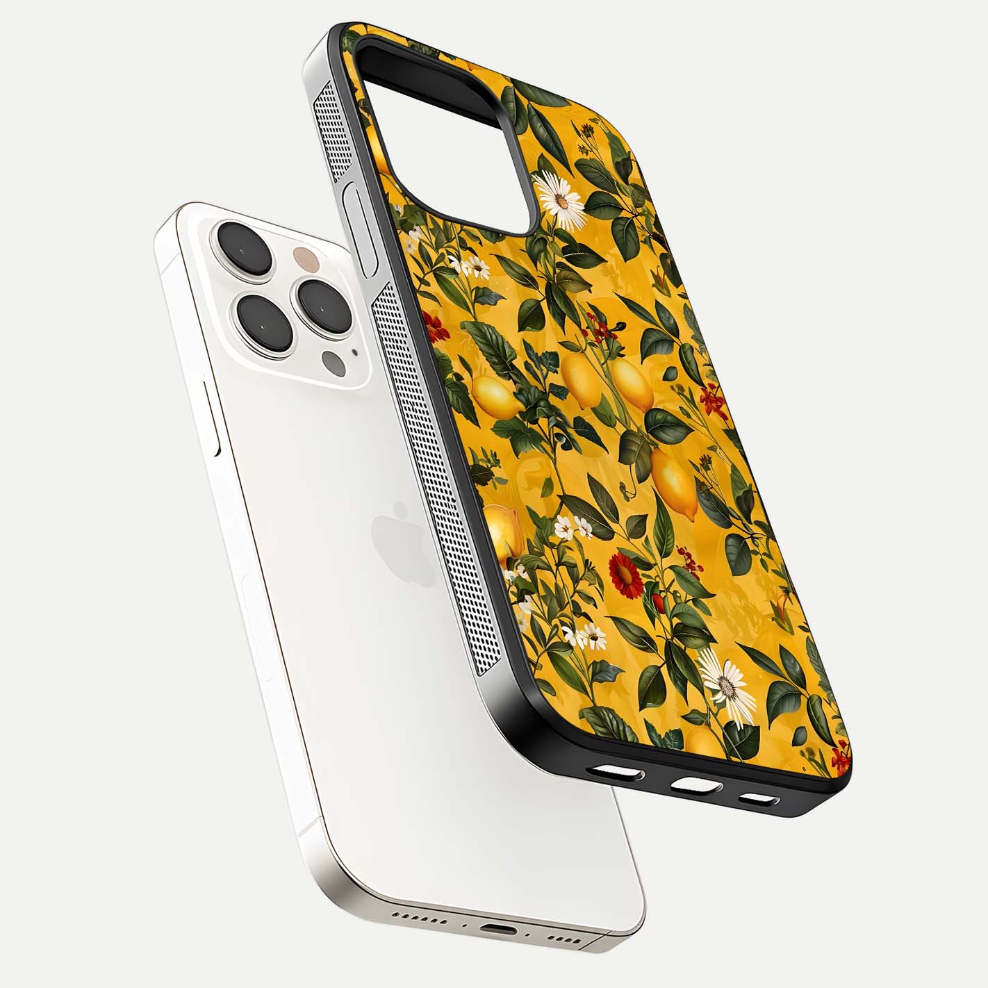 Golden Lemon Field Glass Case for iPhone 15 Pro Max floating dual-view mockup showing gloss shine and yellow-gold palette