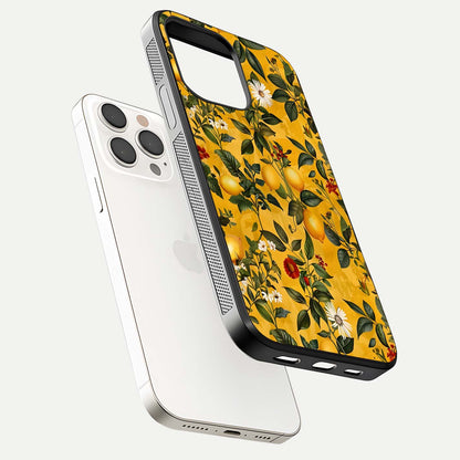 Golden Lemon Field Glass Case for iPhone 15 Pro Max floating dual-view mockup showing gloss shine and yellow-gold palette