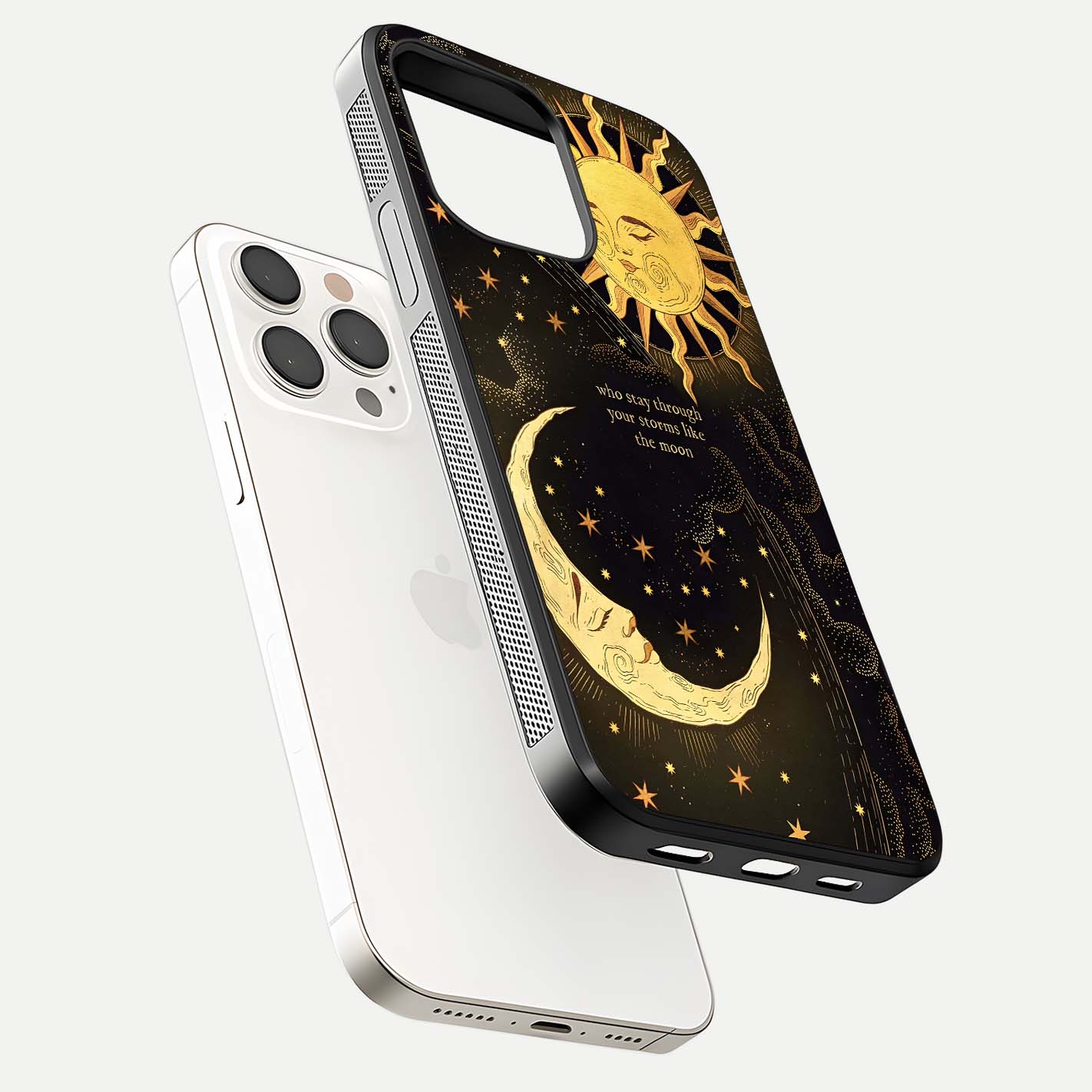 Golden Lunar Love Glass Case for iPhone 15 Pro Max floating dual-view mockup showing glossy glow and romantic theme