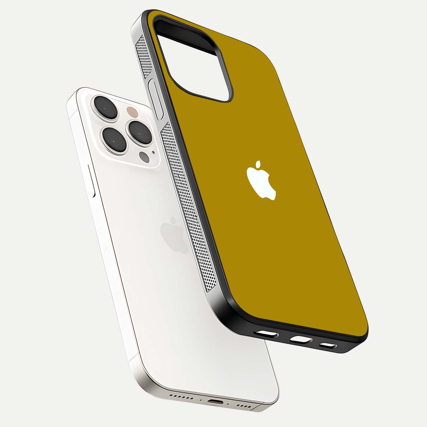 Golden Luxe Aura Glass Case for iPhone 15 Pro Max floating dual-view mockup showing glossy texture and elegant gold gradient