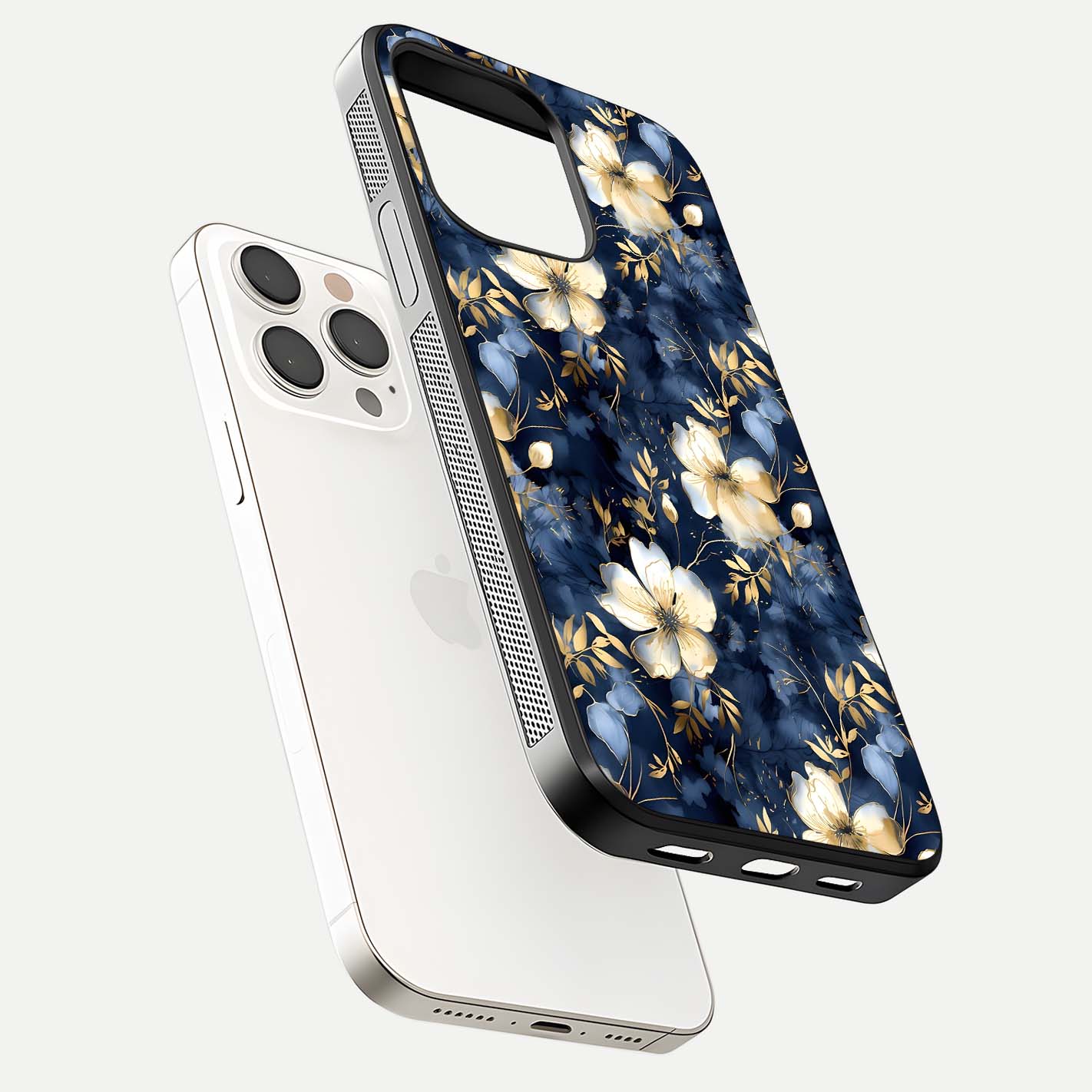 Golden Midnight Bloom Glass Case for iPhone 15 Pro Max floating dual-view mockup showing gloss polish and metallic reflection