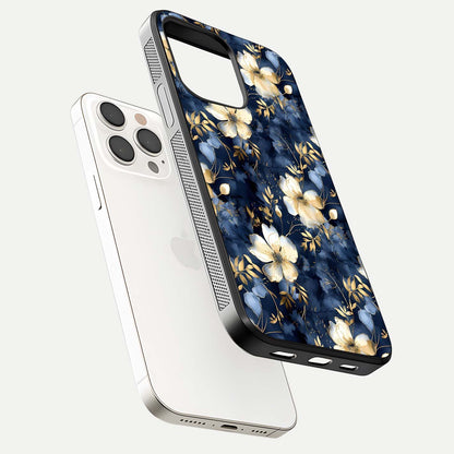 Golden Midnight Bloom Glass Case for iPhone 15 Pro Max floating dual-view mockup showing gloss polish and metallic reflection