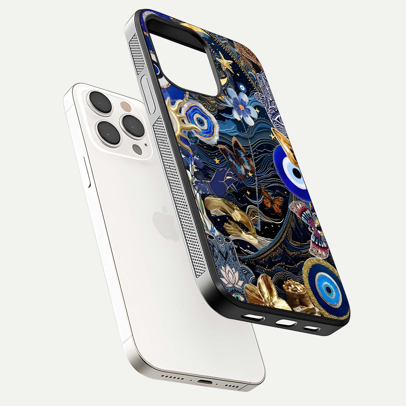 Golden Moon Magic Glass Case for iPhone 15 Pro Max floating dual-view mockup showing gloss texture and golden illumination
