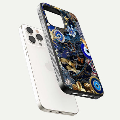 Golden Moon Magic Glass Case for iPhone 15 Pro Max floating dual-view mockup showing gloss texture and golden illumination