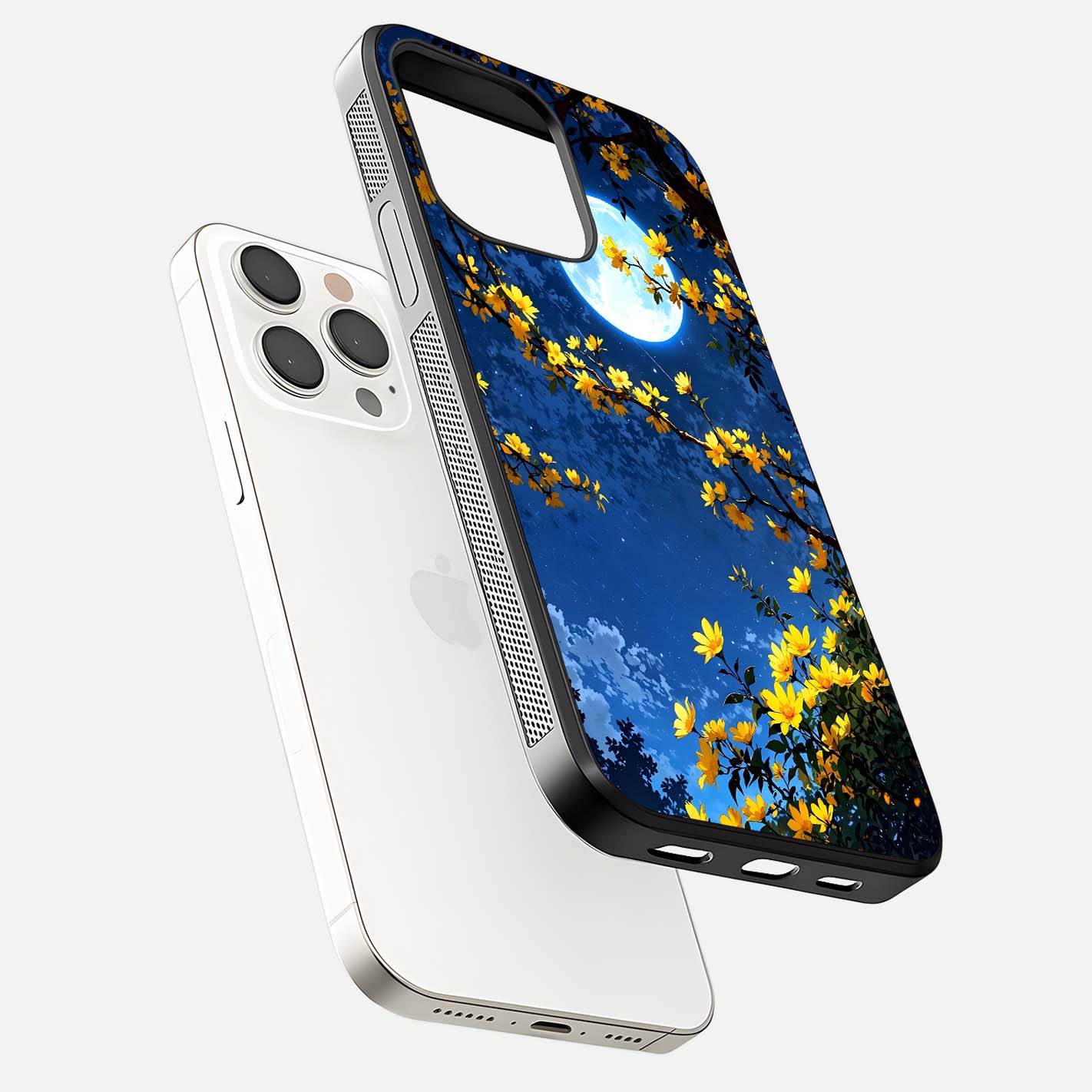 Golden Night Glow Glass Case for iPhone 15 Pro Max floating dual-view mockup showing gloss polish and luxury shine
