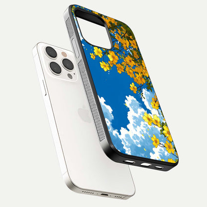 Golden Petal Sky Glass Case for iPhone 15 Pro Max floating dual-view mockup showing gloss brilliance and gold detail