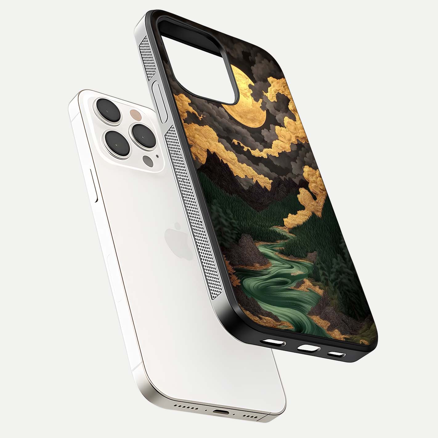 Golden River Moon Glass Case for iPhone 15 Pro Max floating dual-view mockup showing gloss surface and luxury tone