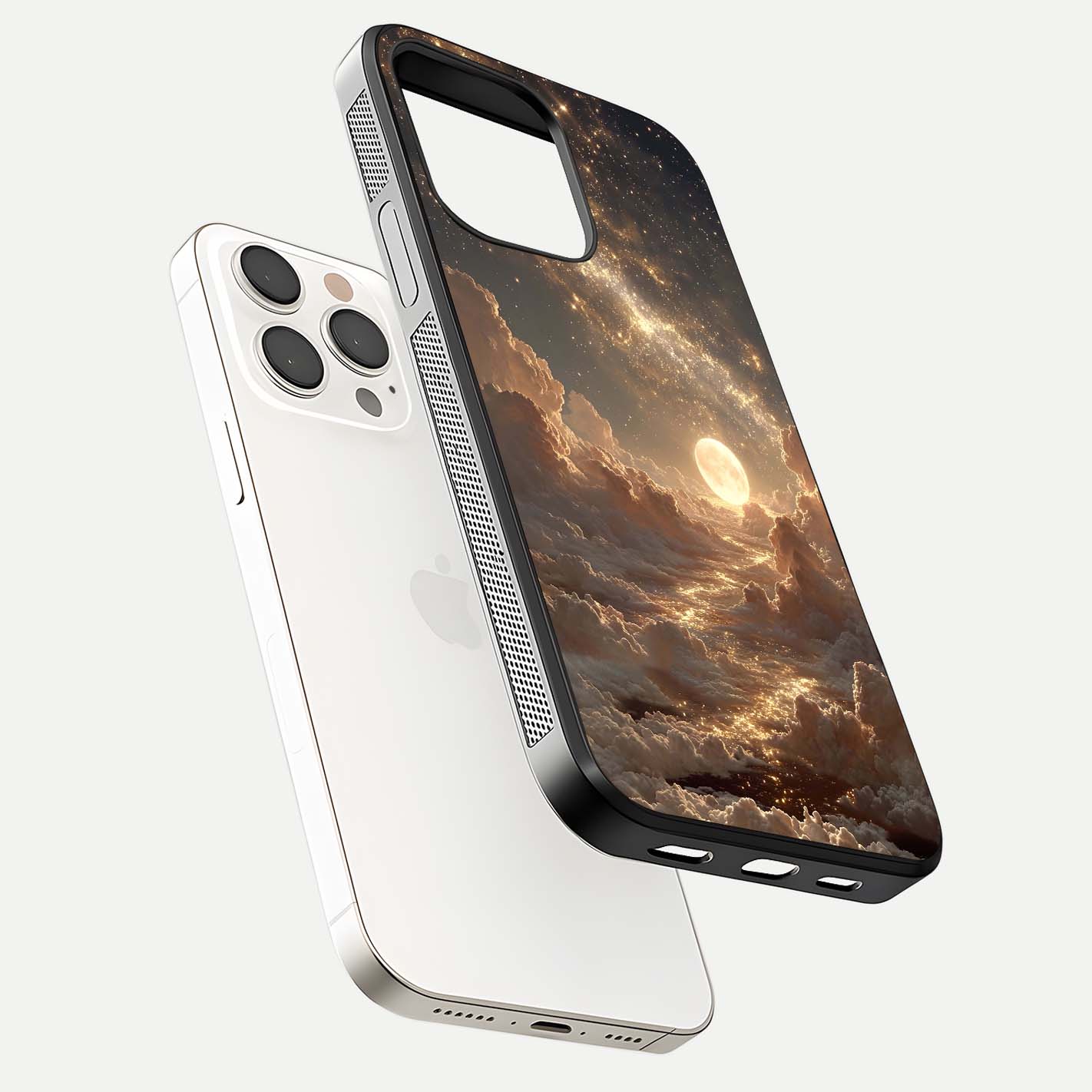 Golden Sky Dream Glass Case for iPhone 15 Pro Max floating dual-view mockup showing gloss depth and elegant finish
