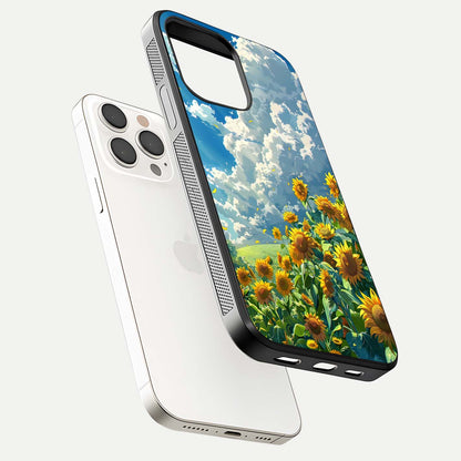 Golden Sun Glory Glass Case for iPhone 15 Pro Max floating dual-view mockup showing gloss shine and premium surface