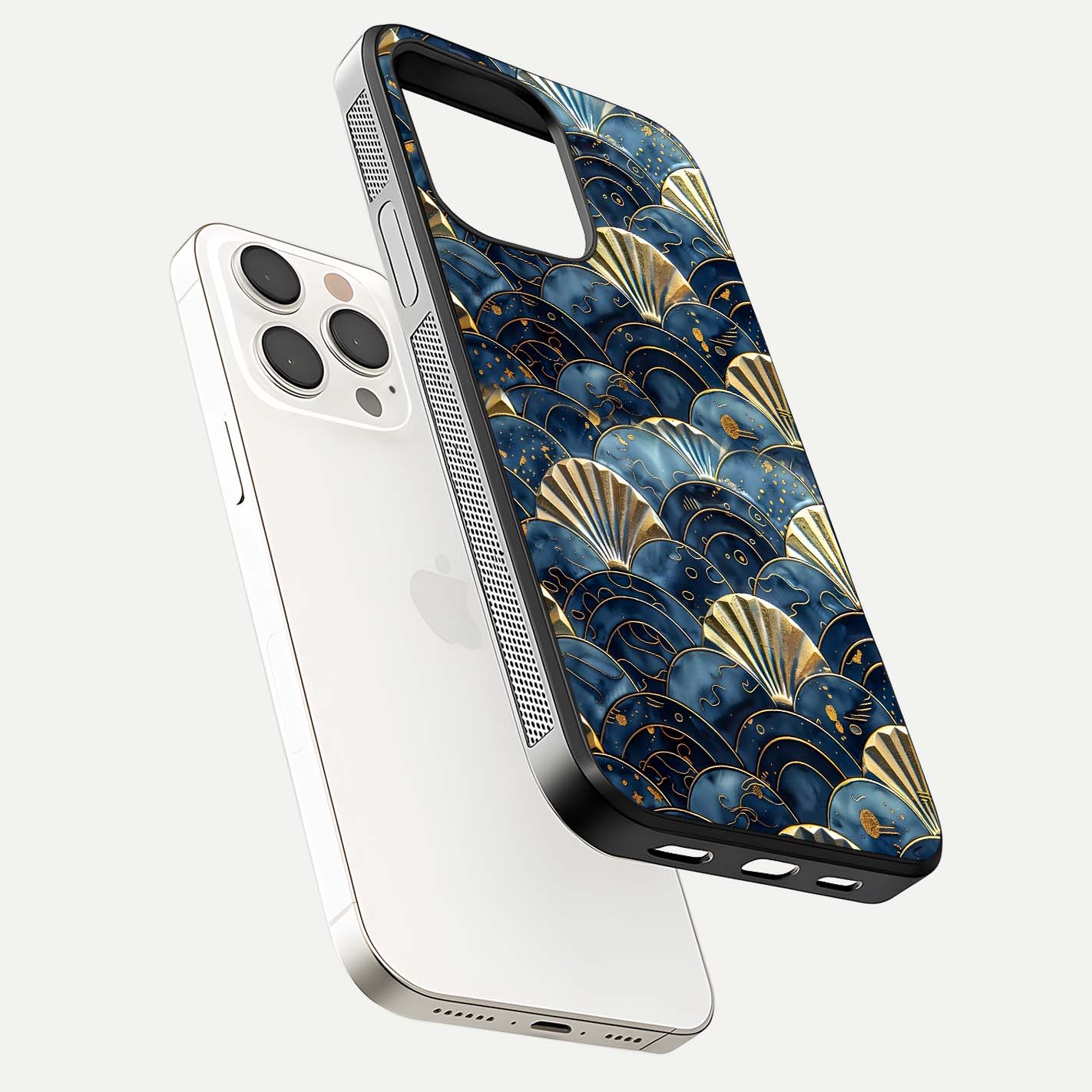 Golden Wave Luxe Glass Case for iPhone 15 Pro Max floating dual-view mockup showing gloss surface and shimmering tones