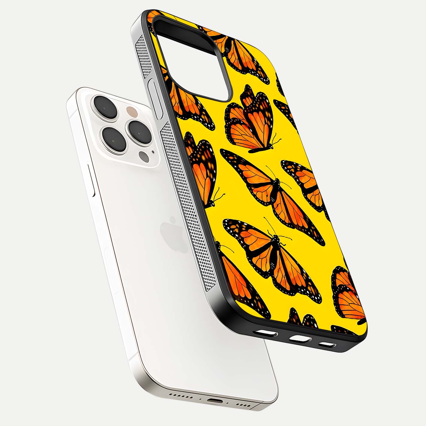 Golden Wing Flight Glass Case for iPhone 15 Pro Max floating dual-view mockup showing gloss reflection and luxury tone