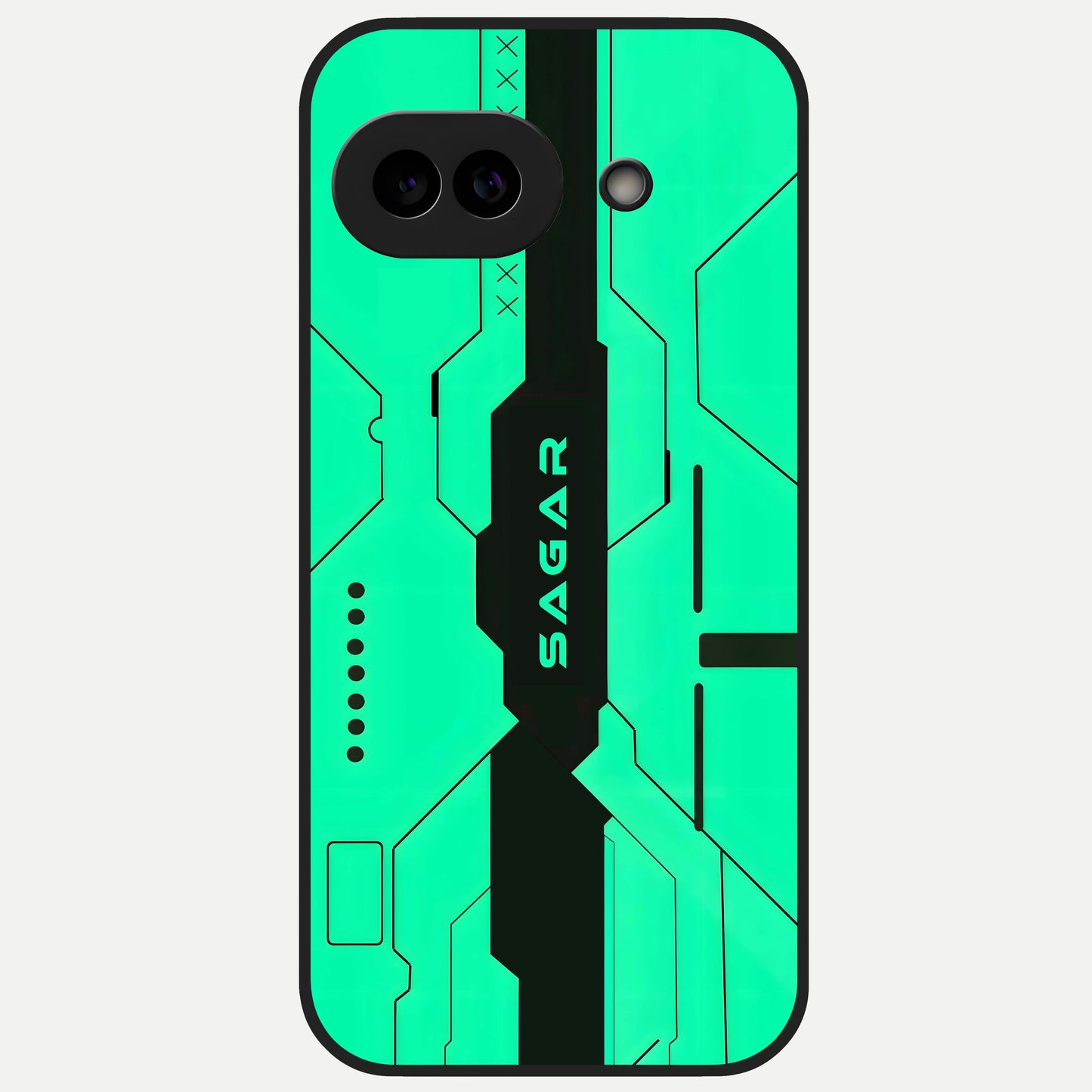  Aqua Tech CYBERPUNK Custom Name Glass Case for Google Pixel 10A back cover – full design glossy printed glass finish