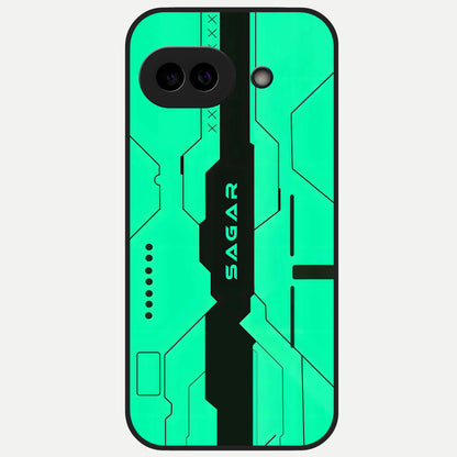  Aqua Tech CYBERPUNK Custom Name Glass Case for Google Pixel 10A back cover – full design glossy printed glass finish