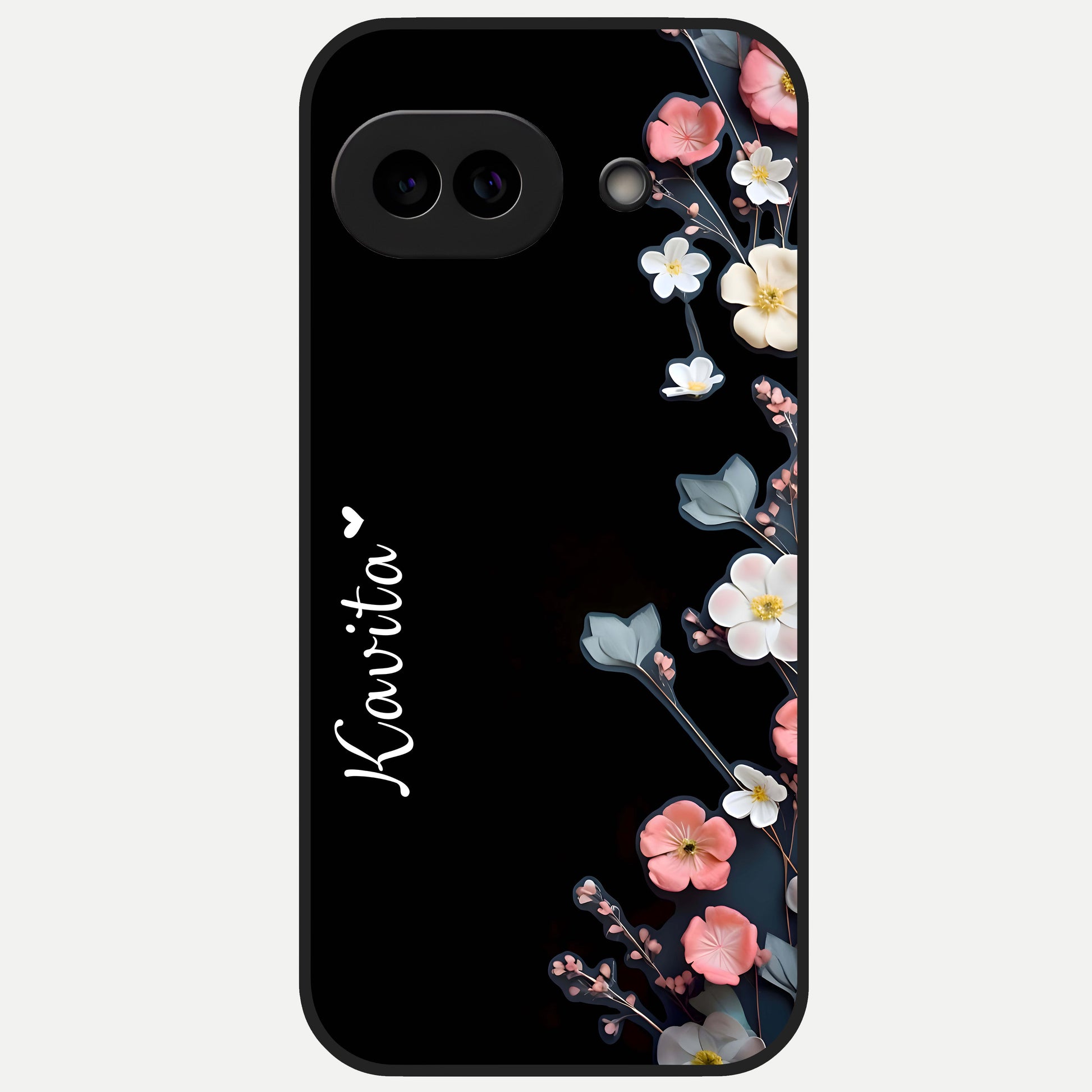  Black Elegance Floral Custom Name Glass Case for Google Pixel 10A back cover – full design glossy printed glass finish