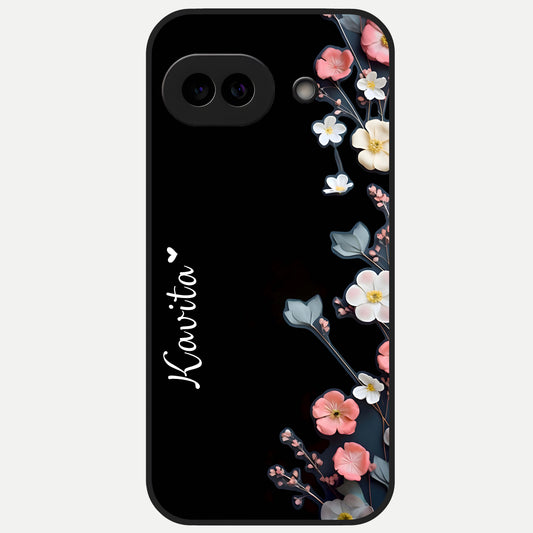  Black Elegance Floral Custom Name Glass Case for Google Pixel 10A back cover – full design glossy printed glass finish