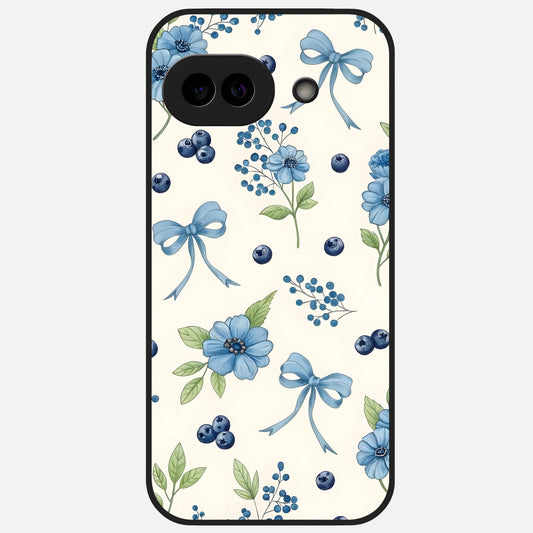  Blue Flower And Bow Glass Case for Google Pixel 10A back cover – full design glossy printed glass finish