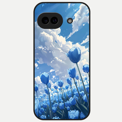 Blue Tulip Clouds Glass Case for Google Pixel 10A back cover – full design glossy printed glass finish